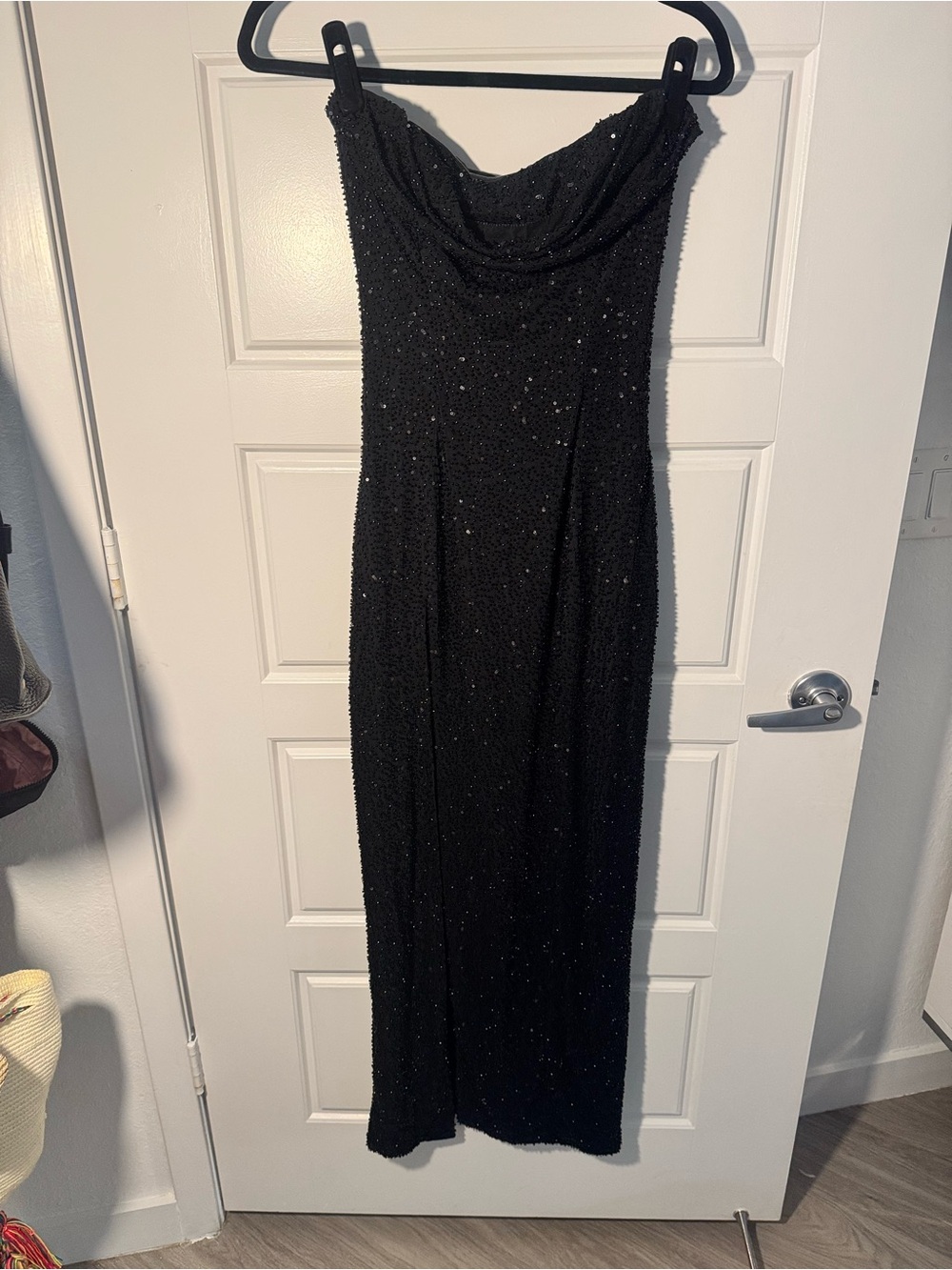 Oh Polly Black Strapless Sequin Cowl Midi Dress